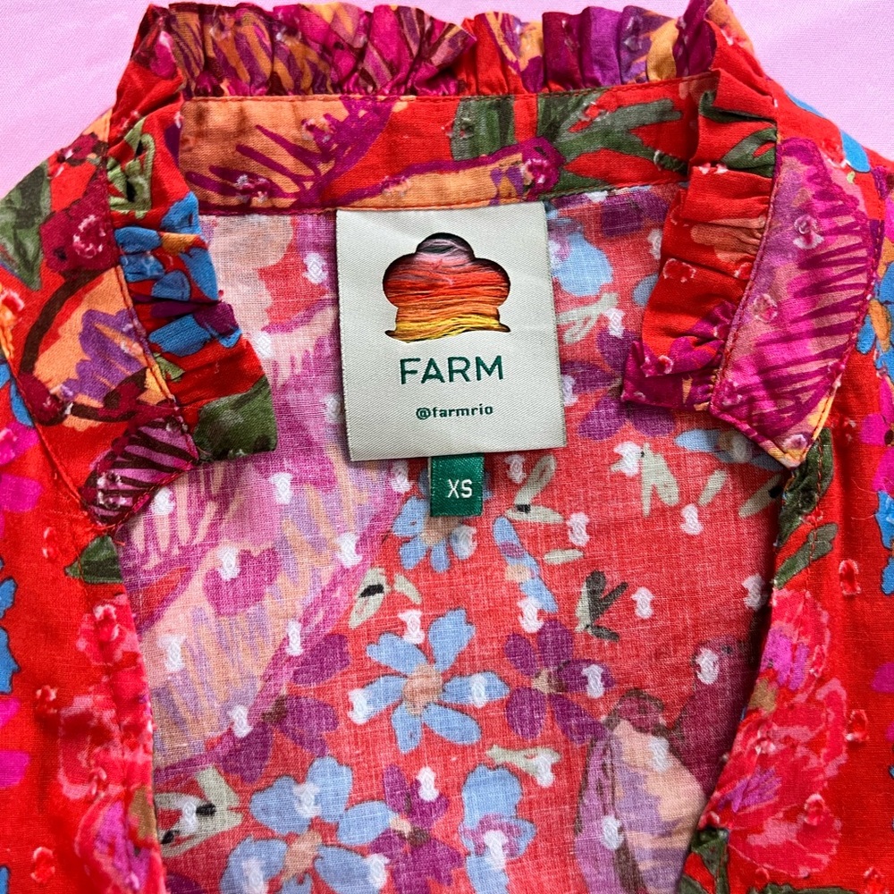 FARM Rio Spring Red Banana Blouse Ruffle-Trim Size XS - Picture 4 of 10